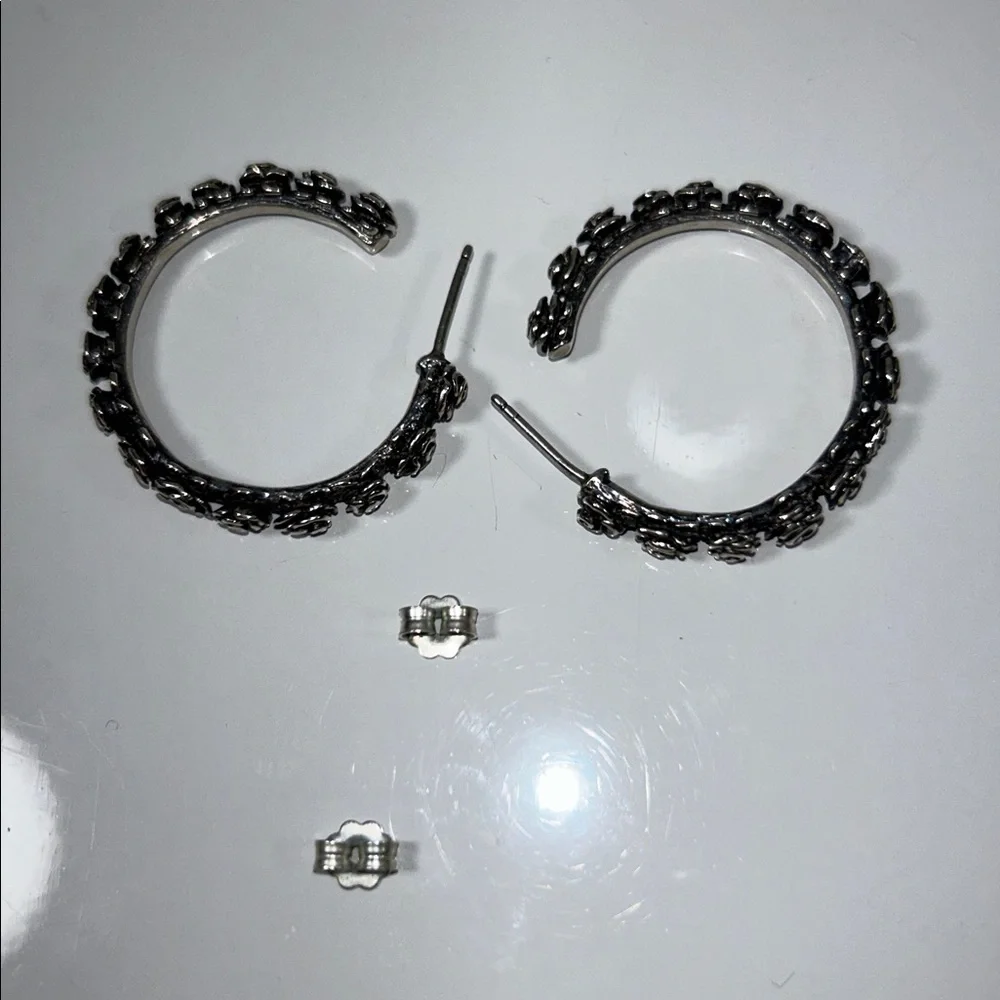 NWOT Israeli Designer Sterling Silver Rosebud Flower Hoop Earrings